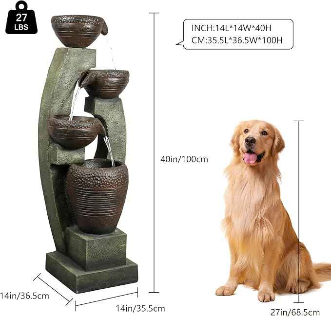 Naturefalls 40" Tall Outdoor Water Fountain and Waterfalls - Large Garden Fountain with LED Lights, 4-Tier Crocks, Indoor and Outdoor Fountains for Garden, Patio, Deck, Porch, Backyard and Home, Gray