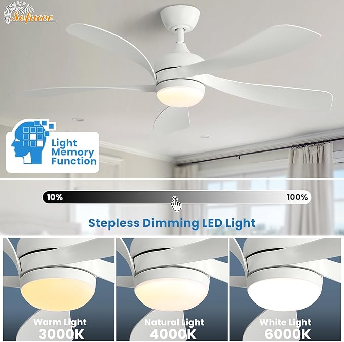 Sofucor 52" Smart Ceiling Fan, Indoor/Outdoor White Ceiling Fans with Lights and Remote, Works with Alexa/Google/App, 3-Color Light 6-Speed Timing Reversible DC Motor for Bedroom Living Room Patio