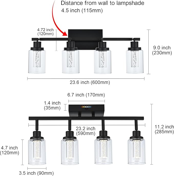 MELUCEE LED Track Lighting Fixtures Ceiling 4-Light Black Semi Flush Mount Ceiling Light Bathroom Wall Light with Flexibly Rotatable Light Heads, Built-in LED Chips, 5-Color Temperature Adjustable - Aura Lighting