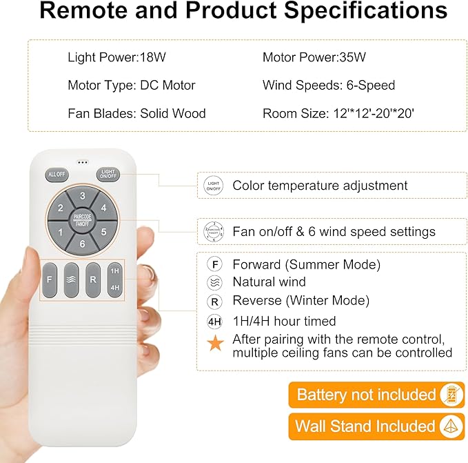 52" Ceiling Fan with Light - Low Profile Flush Mount Ceiling Fan, 6-Speed Remote Control, Solid Wood, Quiet Reversible DC Motor, White/Gold Finish, for Bedroom, Living Room, Porch - Aura Lighting