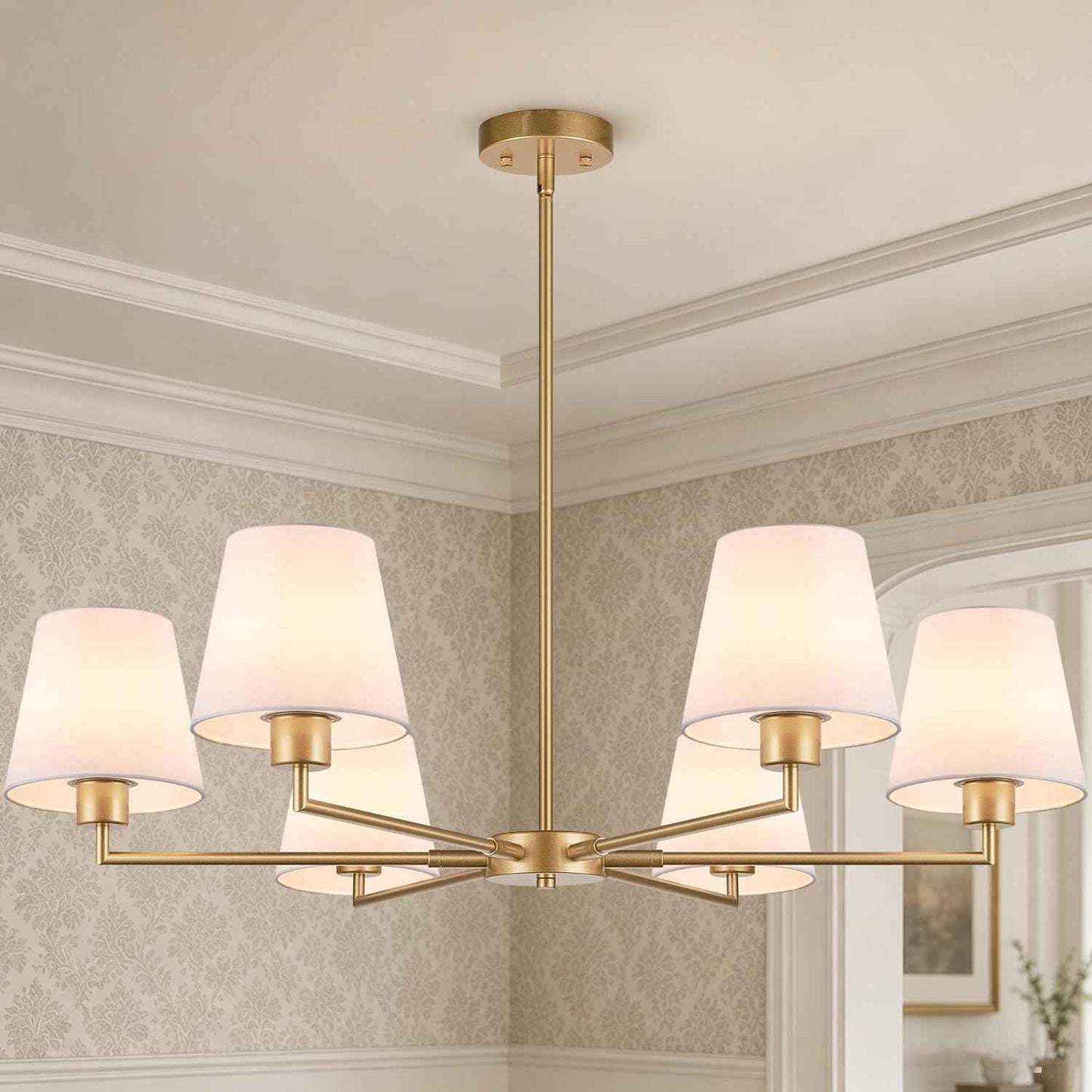 Brass Gold Chandeliers for Dining Room, 36" 6 Light No Assembly Required Antique Modern Gold Chandelier Light Fixture with White Fabric Shade, Classic Kitchen Pendant Lights over Table for Bedroom