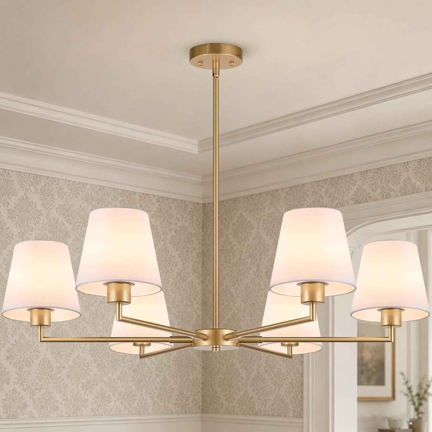 Brass Gold Chandeliers for Dining Room, 36" 6 Light No Assembly Required Antique Modern Gold Chandelier Light Fixture with White Fabric Shade, Classic Kitchen Pendant Lights over Table for Bedroom