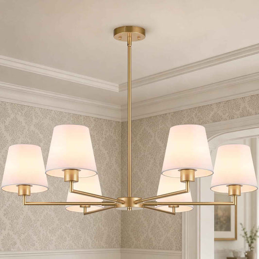 Brass Gold Chandeliers for Dining Room, 36" 6 Light No Assembly Required Antique Modern Gold Chandelier Light Fixture with White Fabric Shade, Classic Kitchen Pendant Lights over Table for Bedroom