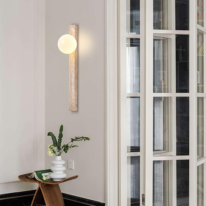 Modern Yellow Travertine Wall Sconce, Japanese Style Wabi Sabi Light Fixture with Natural Stone Base & Glass Lampshade, Interior Decoration Wall Lamp for Bedroom Living Room Hallway(90cm)