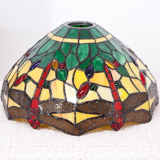 Tiffany Lamp Shade Replacement 12X6 Inch Stained Glass Lampshade Only 1-5/8-Inch Fitter Opening for Arched Floor Lamp, Torchiere Lamp, Pendant Light (Green Yellow)