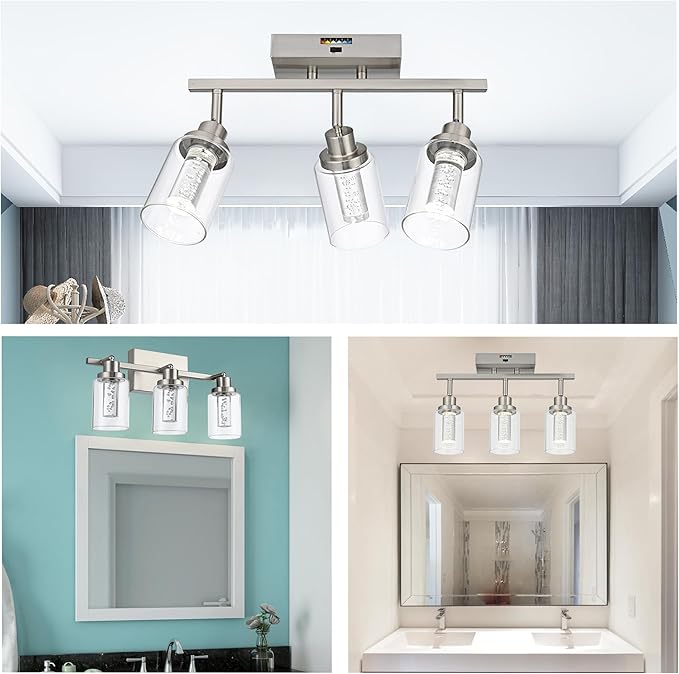 MELUCEE 3-Light LED Track Lighting Brushed Nickel Modern Ceiling Light Bathroom Wall Light with Flexibly Pivoting Heads, Built-in LED Chips, 5-Color Temperature Adjustable - Aura Lighting