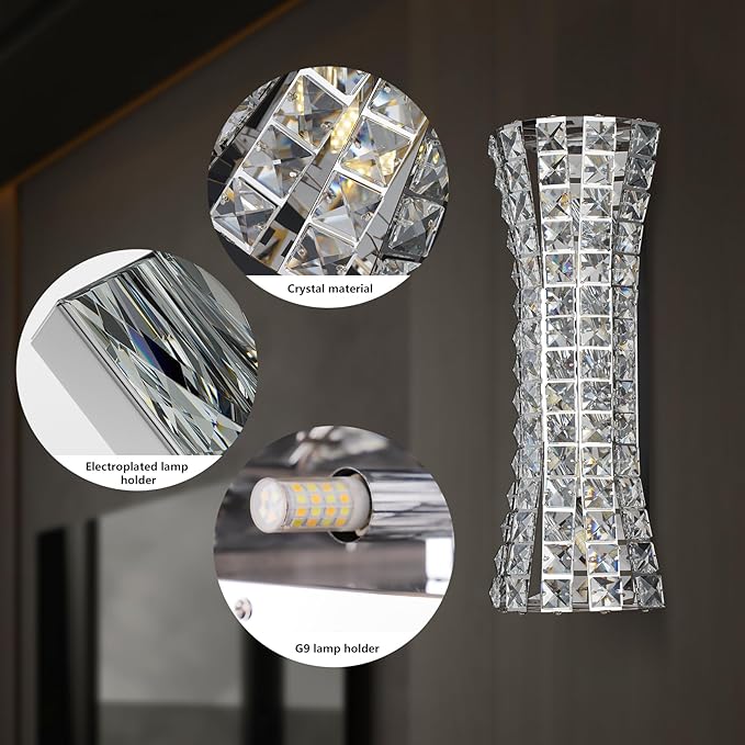 Crystal Wall Sconces,Modern Wall Light Fixtures,Luxury Indoor Chrome Wall Lamp for Living Room Bedroom Bathroom Hallway Doorway Stairway,Bedside,Tricolor Vanity Lighting Fixture - Aura Lighting