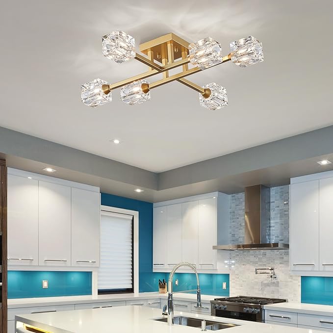 XINGQI Modern Ceiling Light Sputnik 6-Light Semi Flush Mount Ceiling Light Fixtures, Mid Century Antique Gold Chandeliers for Bedroom Dining Room Powder Room - Aura Lighting