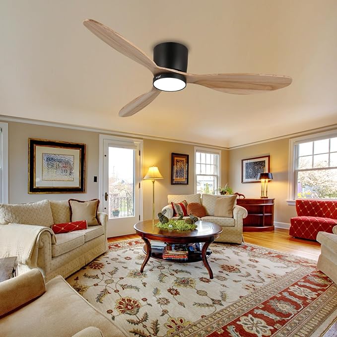 reiga 52" Natural Wood Ceiling Fan with Light and Remote, 3 Blade Flush Mount Low Profile Ceiling Fan for Bedrooom Living Room, Quiet DC Motor - Aura Lighting