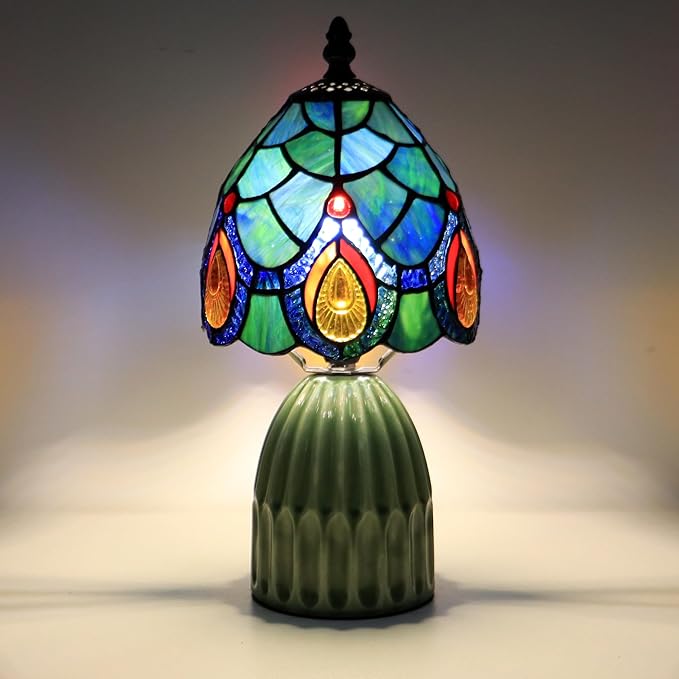 Tiffany Lamp Stained Glass Mushroom Table Lamps 6X6X12.5 Inch Sea Blue Peacock Tail Style Small Night Light Ceramic Base Mini Accent Desk Light Suitable for Bedside Table Bedroom Children Room