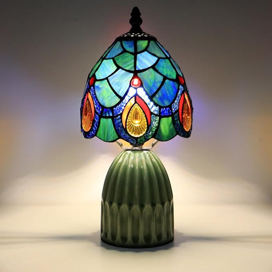 Tiffany Lamp Stained Glass Mushroom Table Lamps 6X6X12.5 Inch Sea Blue Peacock Tail Style Small Night Light Ceramic Base Mini Accent Desk Light Suitable for Bedside Table Bedroom Children Room