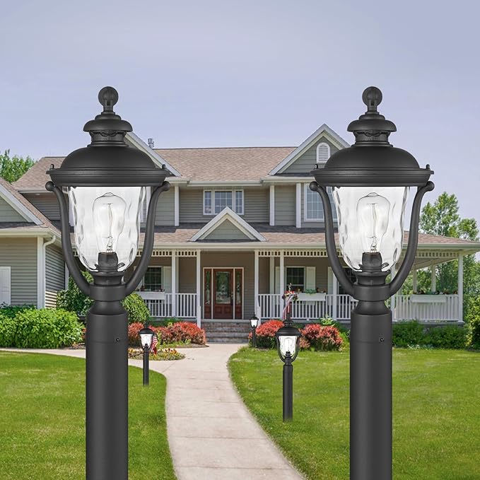Outdoor Post Lights, Modern Exterior Lamp Posts Light Fixtures, Waterproof and Anti-Rust Aluminum Outside Pole Latern for Porch Patio Garden, Water Ripple Glass Lamp Shade, Black Finish