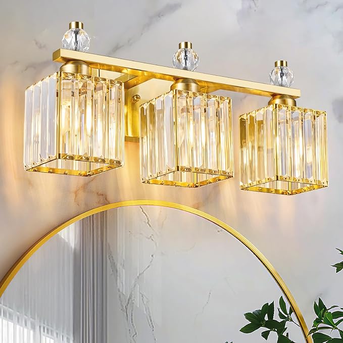 Bathroom Vanity Lights 3-Light Modern Crystal Vanity Light Gold Bathroom Light Fixtures Over Mirror Crystal Bathroom Vanity Lighting Fixtures - Aura Lighting