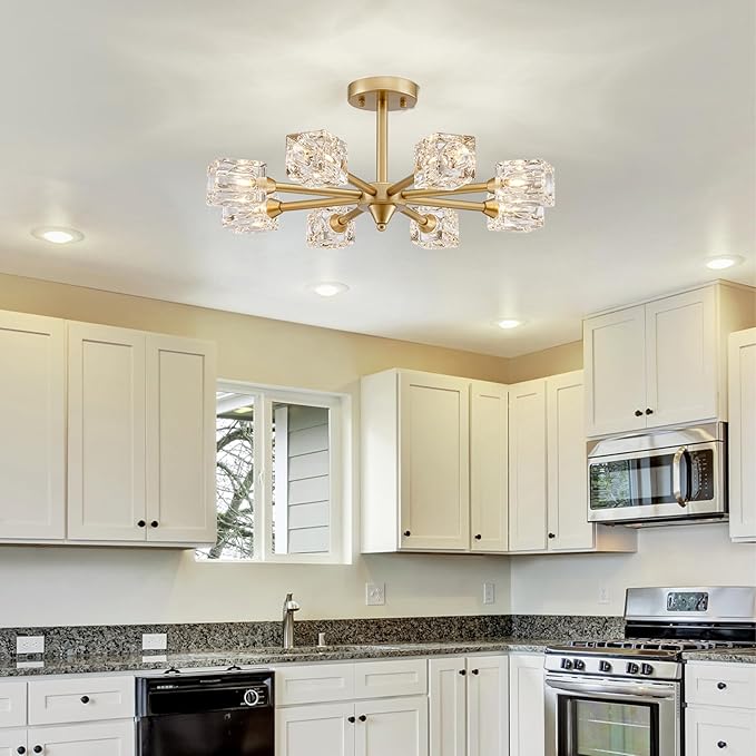 XINGQI 8-Light Semi Flush Mount Ceiling Light Fixture Modern Antique Gold Sputnik Chandeliers Fashion Lighting for Bedroom Dining Room Farmhouse Kitchen Office - Aura Lighting