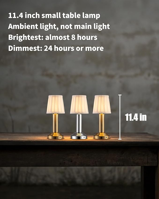 Small Cordless Table Lamp 2 Pack, 11.4" H Fabric Shade Touch Lamps, 4000mAh Rechargeable Battery Powered Lamp, Mini Bedside Lamp for Buffet, Dining Room, Bedroom, Bar (Silver)