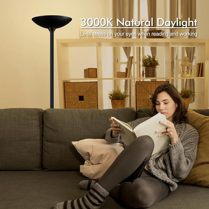 30W Torchiere Floor Lamp - 3600LM Super Bright LED Floor Lamp, 71 Inch Stepless Dimmable Standing Lamp with 3000K Lighting, Rotary Switch, Tall Metal Torch Floor lamps for Living Room/Bedroom (Black) - Aura Lighting