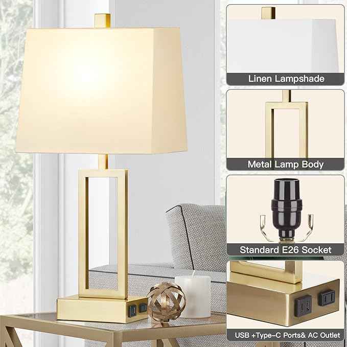 23.5" Touch Control Table Lamps, Metal Bedside Lamp for Bedroom Set of 2 with USB A+C Ports & AC Outlet, 3-Way Dimmable Nightstand Lamp for Living Room (LED Bulb Included)