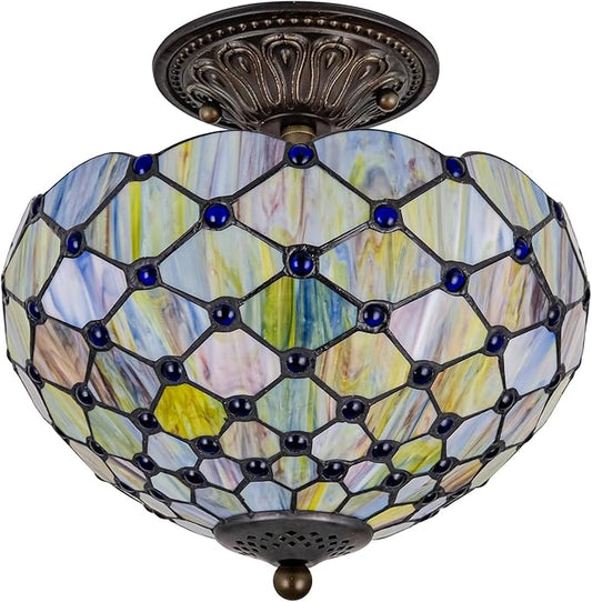 Pearls Style Tiffany Ceiling Light Fixture Stained Glass Semi Flush Mount Lamp Wide 12 Inch Height 11 Inch Vintage Inspired Statement for Bedroom Hallway Entryway (Green)