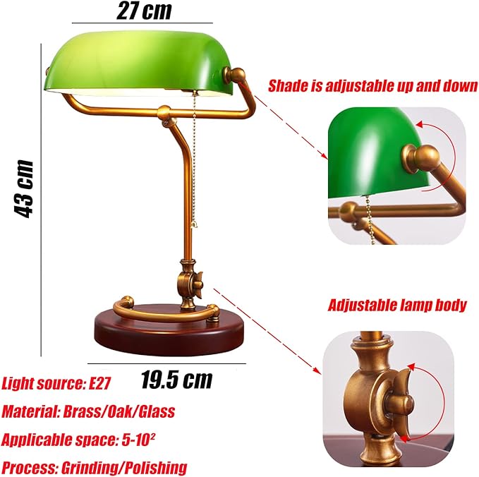 Traditional Banker's Lamp - Green with Pull Switch, Retro Desk Lamp with Brass Finish and Nostalgic Green Glass Shade on Wooden Base