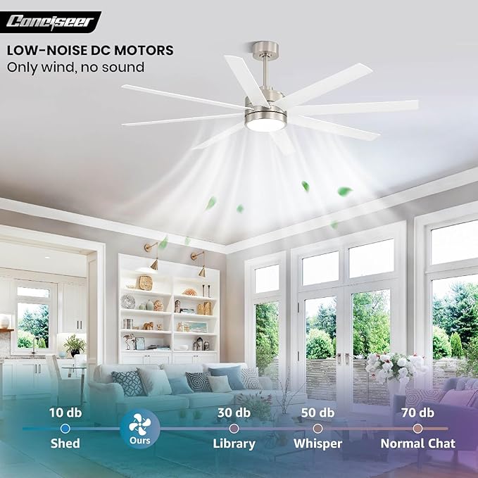 72 Inch Ceiling Fans with Lights and Remote for Bedroom Living Room Kitchen Library Cafe Outdoor/Industrial Use, 3CCT Dimmable, 8 Blades 6 Speed Reversible Quiet DC Motor, Sand-nickel/White