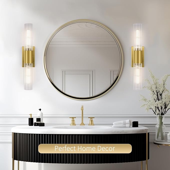 21" Gold Bathroom Sconces Set of 2 , Modern Wall Sconces Set of Two with Threaded Glass, Hardwired Up Down Wall Lighting Vanity Fixtures for Bedroom Bathroom Living Room Hallway (Bulb Not Included) - Aura Lighting