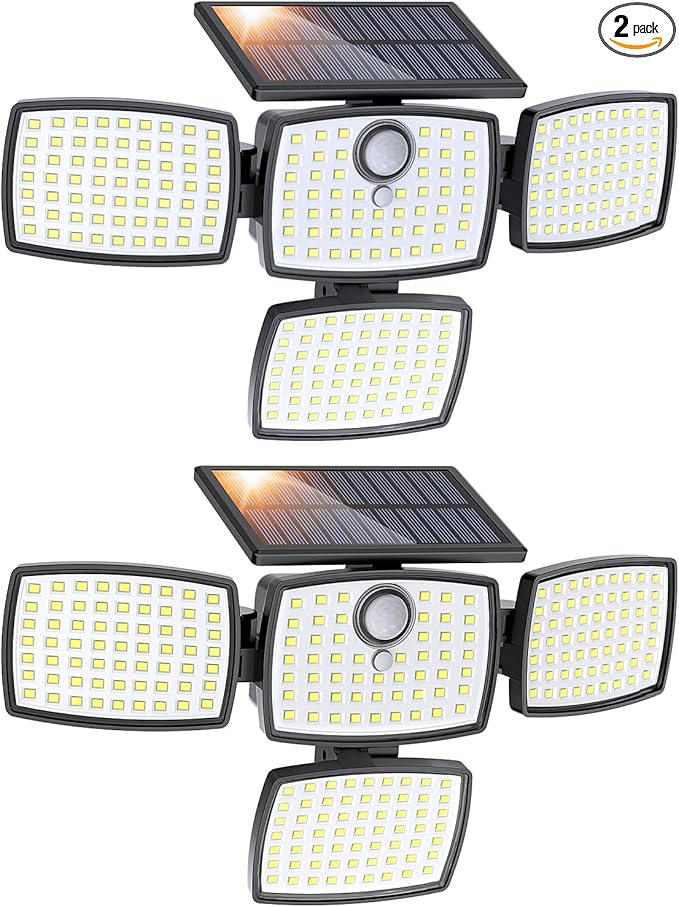 Onforu Solar Lights Outdoor 3000LM 4 Heads Motion Sensor Outdoor Lights, 3 Mode, Solar Security Wall Lights, IP65 Waterproof Flood Lights, Graden, Backyard, 2 Pack