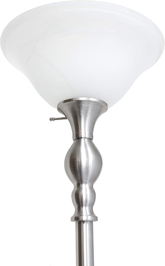 Elegant Designs LF2001-BSN 1 Light Torchiere Marbleized White Glass Shade Floor Lamp, Brushed Nickel