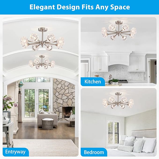 XINGQI Brushed Nickel Ceiling 8 Light Modern 24" Semi Flush Mount Sputnik Ceiling Light Fixture Industrial Chandelier Farmhouse Lighting for Hallway Dining Room Living Room Kitchen Bedroom - Aura Lighting