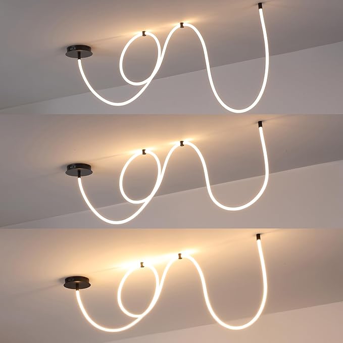 JONATHAN Y 55" Black Modern Minimalist Linear LED Flush Mount Light, 360° Adjustable Silicone Neon Rope, Dimmable Lamp for Bedroom, Living Room, Home Office (JYL7142B)