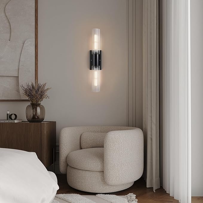 21" Bathroom Vanity Sconces Set of 2, Black Hardwired Wall Sconces Set of Two with Threaded Glass Shade, Modern Up Down Wall Decor Set of 2 for Bathroom Living Room Bedroom Hallway-Bulb Not Included ﻿ - Aura Lighting