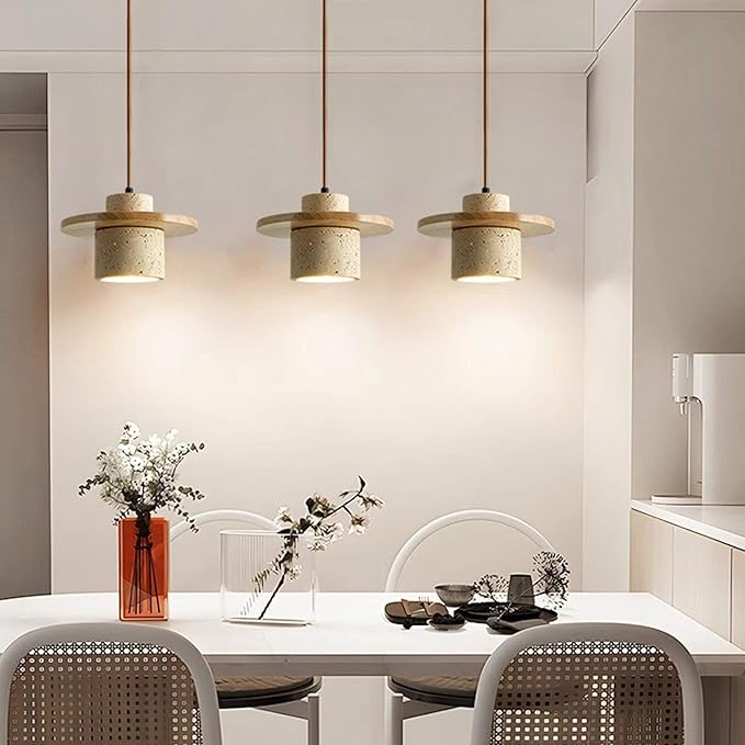 Wabi Sabi Black Natural Stone Pendant Light Travertine Lampshade Nordic Style Solid WoodNatural Yellow Travertine Hanging Lamp Dining Room Kitchens Island Hanging Lights