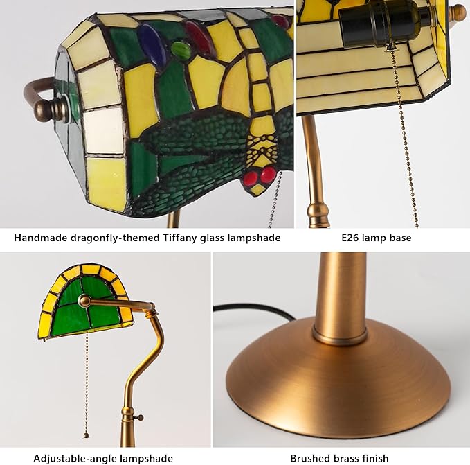 Tiffany Style Dragonfly Bankers Lamp - 18.1" Tall Stained Glass Desk Light with Adjustable Angle & Pull Chain, Vintage Handcrafted Accent Décor for Home Office Bedroom（Green）