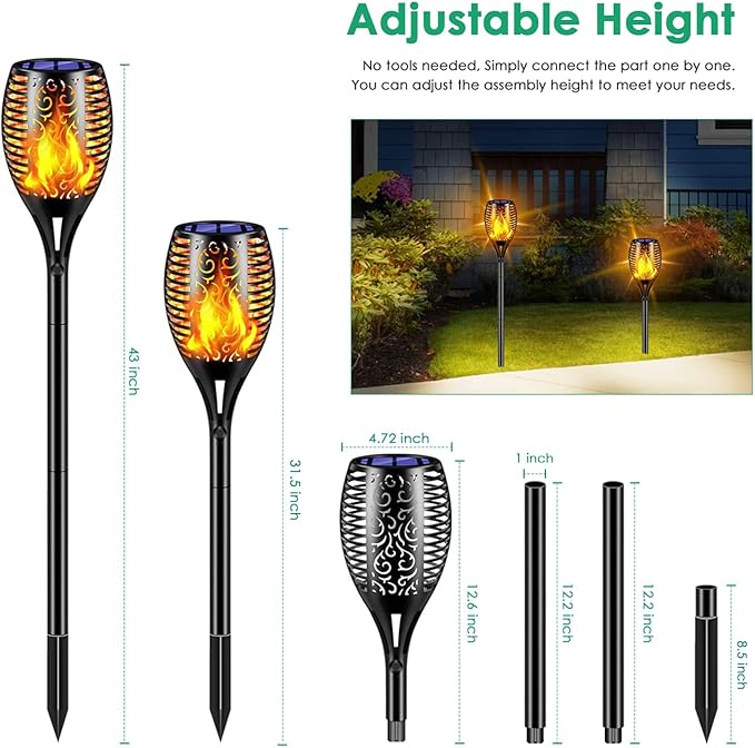 TomCare Solar Lights Outdoor 99 LED Higher & Larger Flickering Flame Solar Torch Lights 43" Decorative Waterproof Solar Powered Pathway Landscape Lighting for Garden Patio Yard, 2Pack (Black)