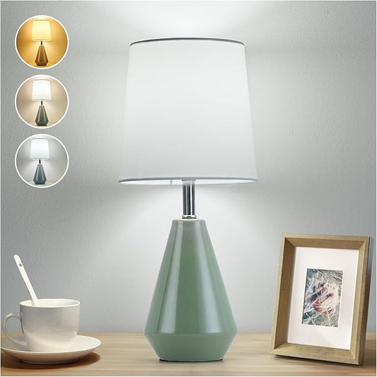 Small Bedside Table Lamp for Bedroom - Reading Desk Lamp with 3 Color Temperatures，15.5" Nightstand Ceramic Lamp with Fabric Shade for Kids Room,Living Room,Dorm,Home Office (Green+White)