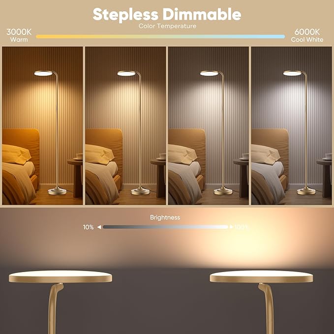 36W LED Floor Lamp, Super Bright Standing Lamp, Modern Stepless Dimmable Torchiere Tall Lamp with Remote Control, 350°Rotating Head Reading Floor Lamp for Living Room, Bedroom, Office - Aura Lighting