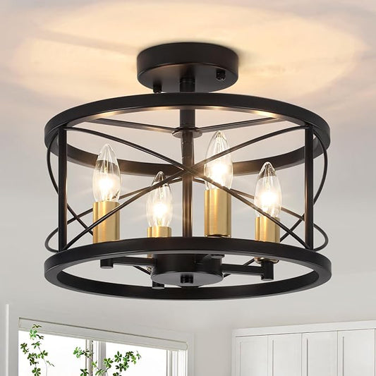 Black and Brushed Gold Semi Flush Mount Ceiling Light, Farmhouse Modern Light Fixture, Hallway Light Fixtures, 4-Light Ceiling Lamp for Kitchen, Entryway, Laundry Room, Bedroom Lighting, UL Listed - Aura Lighting