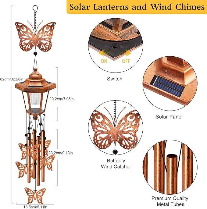 2 Pack Solar Butterfly Wind Chimes, Gifts for Women Mom Grandma Wife Sister Daughter Neighbor, Classic Bronze Wind Chimes With Wind Catcher Solar Decor Light For Outdoor Garden Patio Yard Porch Window