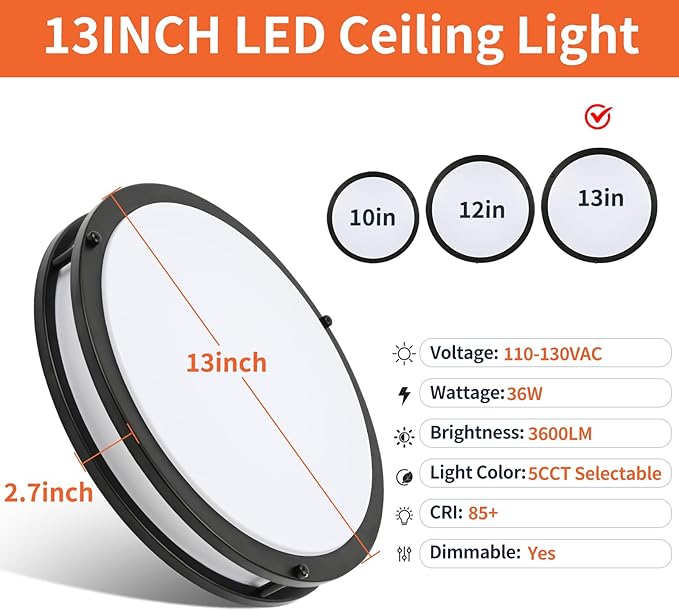 13Inch 36W Ceiling Light Fixture, 5CCT Adjustable 2700K 3000K 4000K 5000K 6500KLED Flush Mount Ceiling Mount Light, Dimmable Close to Ceiling Lighting for Bathroom Kitchen Stairwell Bedroom, Black - Aura Lighting