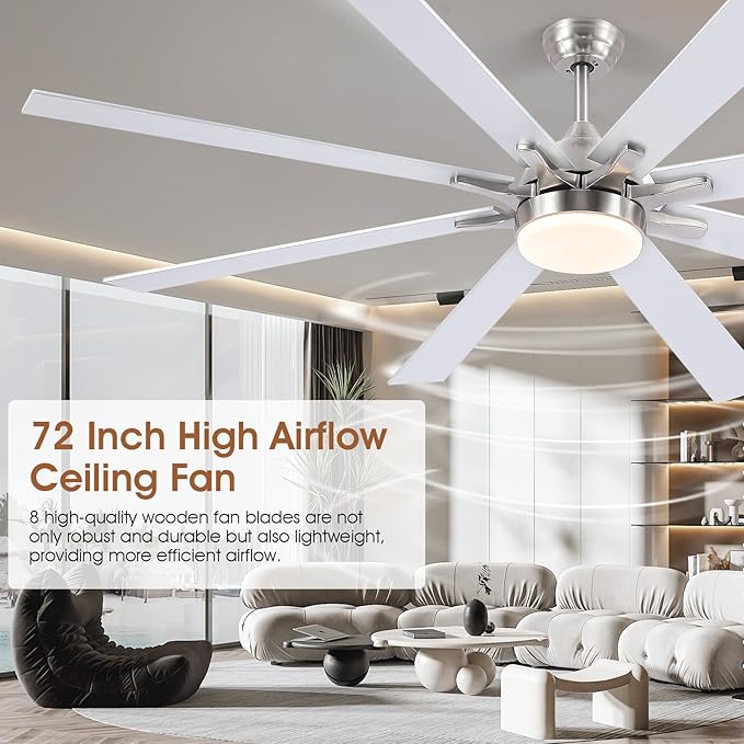 72 Inch Large Ceiling Fans with Lights and Remote, Indoor/Outdoor Nickel Modern Industrial Ceiling Fan with light for Living Room Patios Porch, Reversible Quiet Motor, 8 Dual Finish Blades