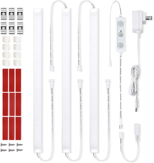 Litever Under Cabinet Lighting Set Plug in, 3 pcs 12 Inches LED Light Bars. Super Bright Dimmable Linkable for Kitchen Undercabinet Counter Top Shelf Pantry Closet Display Lighting. Warm White 3000K - Aura Lighting