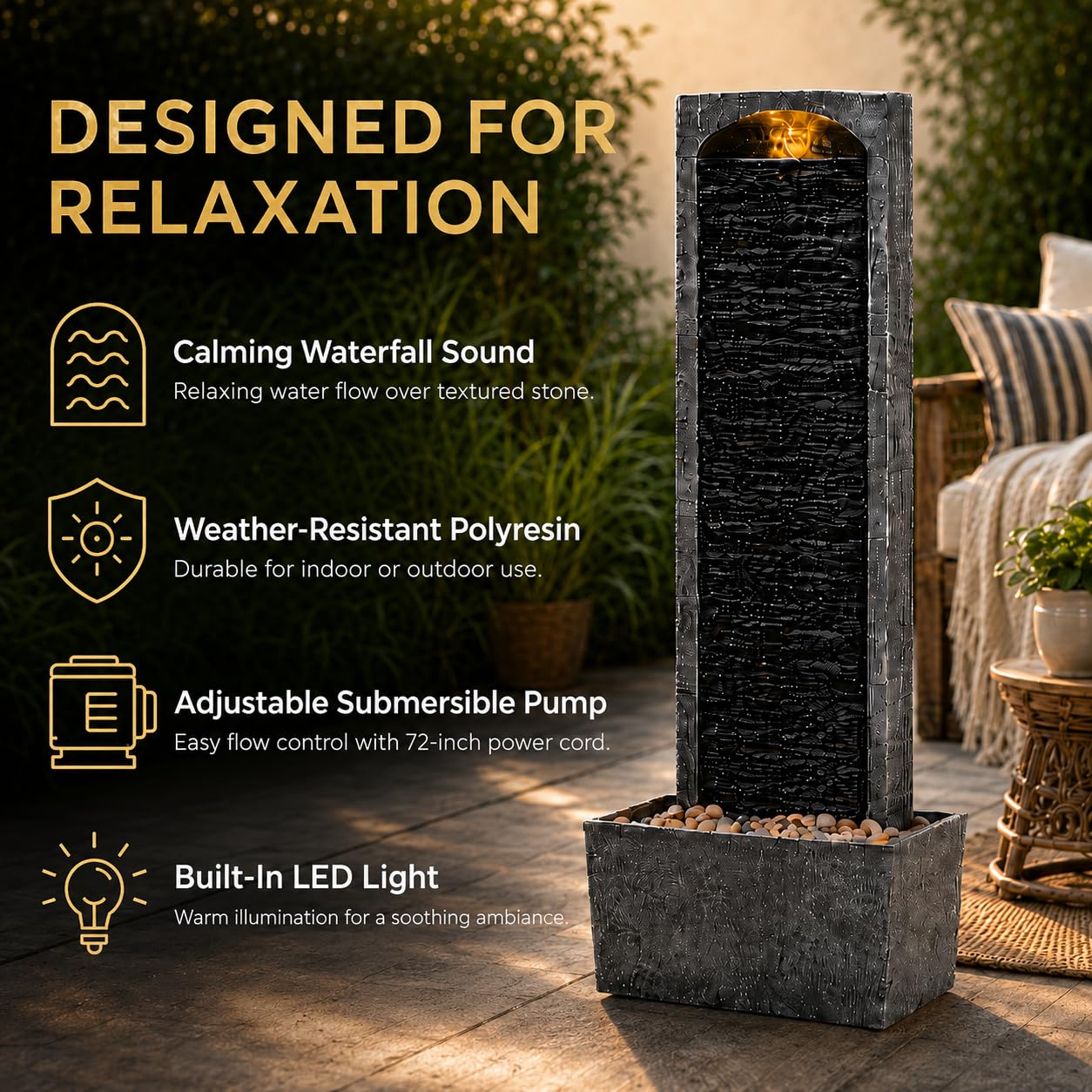 38.5" Faux Slate Contemporary Outdoor LED Waterfall Fountain with Pebble Base