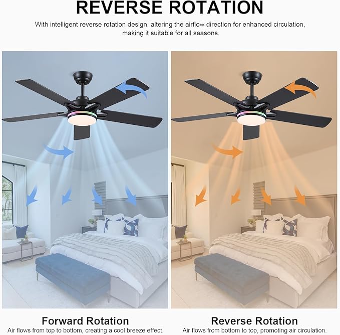 52 Inch Ceiling Fans with Lights and Remote/APP Control, Modern Ceiling Fan with RGB Lights for Bedroom Living Room Patio Porch Outdoor, Reversible Quiet Motor, 5 Wood Blades, Black