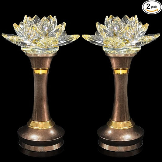 1 Pair Colorful LED Lotus Flower Lamp 7 Color Crystal Buddha Lamp for Cabinet Buddhist Altar - Light Control Crystal Decor Night Light -110V US Plug(8 inch)
