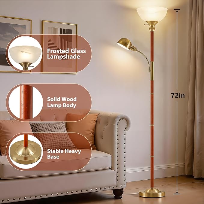 EJIAXIN Wood Floor Lamp for Living Room - Gold Torchiere Floor Lamps for Bedroom Standing Lamp with Glass Shade - Mid Century Modern Corner Tall Lamps for Home Office Nursery Reading Light,2 Head