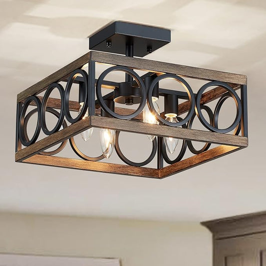 XINGQI Modern 4-Light 13'' Farmhouse Vintage Semi Flush Mount Ceiling Light Fixture for Living Dining Room Bedroom, Antique Wood Grain+Black Finish with Square Metal Shade,E12 Bulbs - Aura Lighting