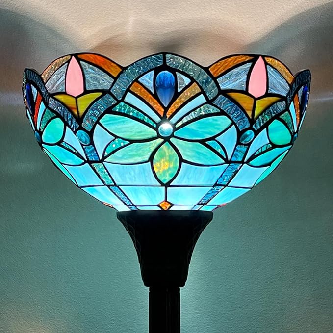 Tiffany Torchiere Floor Lamp - 70" Tall Antique Style Blue Stained Glass Corner Standing Light for Living Room, Bedroom & Home Office