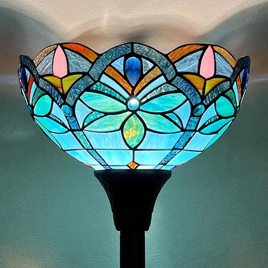 Tiffany Torchiere Floor Lamp - 70" Tall Antique Style Blue Stained Glass Corner Standing Light for Living Room, Bedroom & Home Office