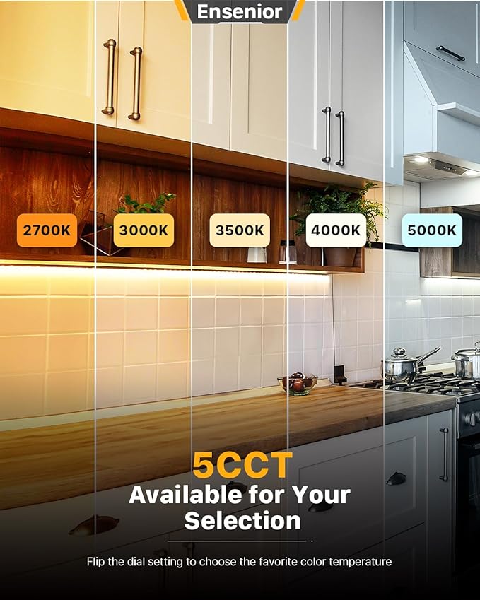 Ensenior 12 Inch LED Under Cabinet Lighting Hardwired or Plug-in Installation, 5CCT Color Selectable - 2700K/3000K/3500K/4000K/5000K, Dimmable Under Counter Lights for Kitchen, FCC, 120V, 8W 500LM