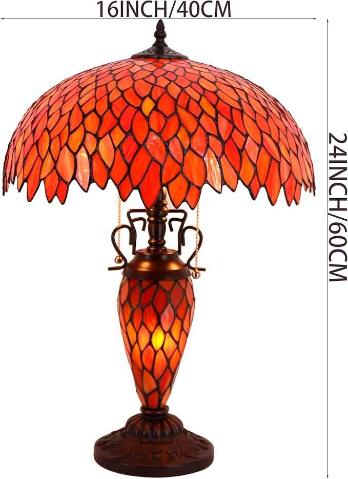 WERFACTORY Tiffany Style Table Lamp Red Stained Glass Wisteria Mather-Daughter Vase Lamp 16X16X24 Inch Antique Desk Reading Light Decor Bedroom Living Room Home Office S523R Series