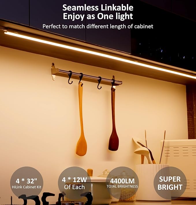 Under Cabinet Lighting Plug in, 32 Inch 4 Pcs, Linkable AC120V 3CCT 3000K/4000K/5000K Ultra Slim, LED Under Cabinet Lights for Counter Light, Kitchen, Shelf, Sink, Workshop, Desk, White
